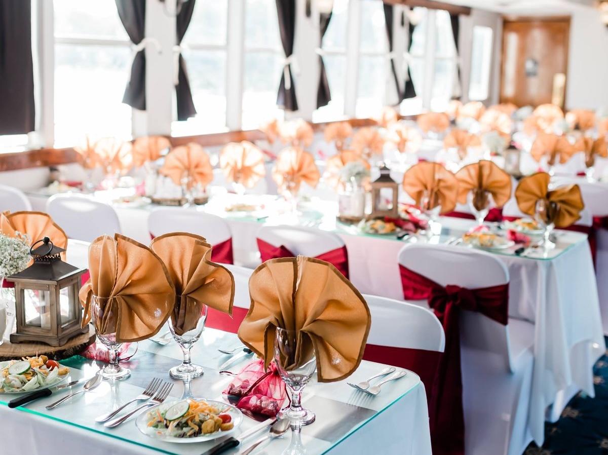 Bottom deck of the Star of Knoxville decorated for a wedding reception